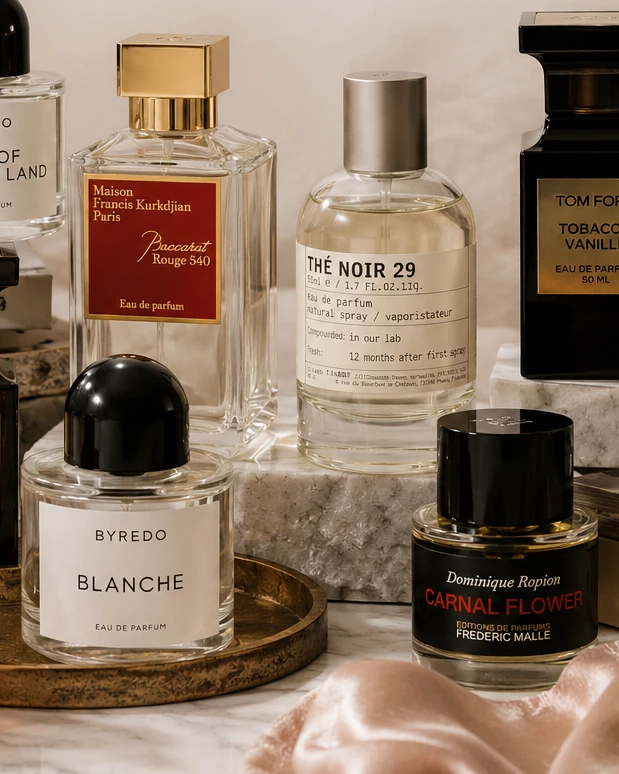 Luxury designer and niche fragrance bottles arranged in an editorial perfume still life
